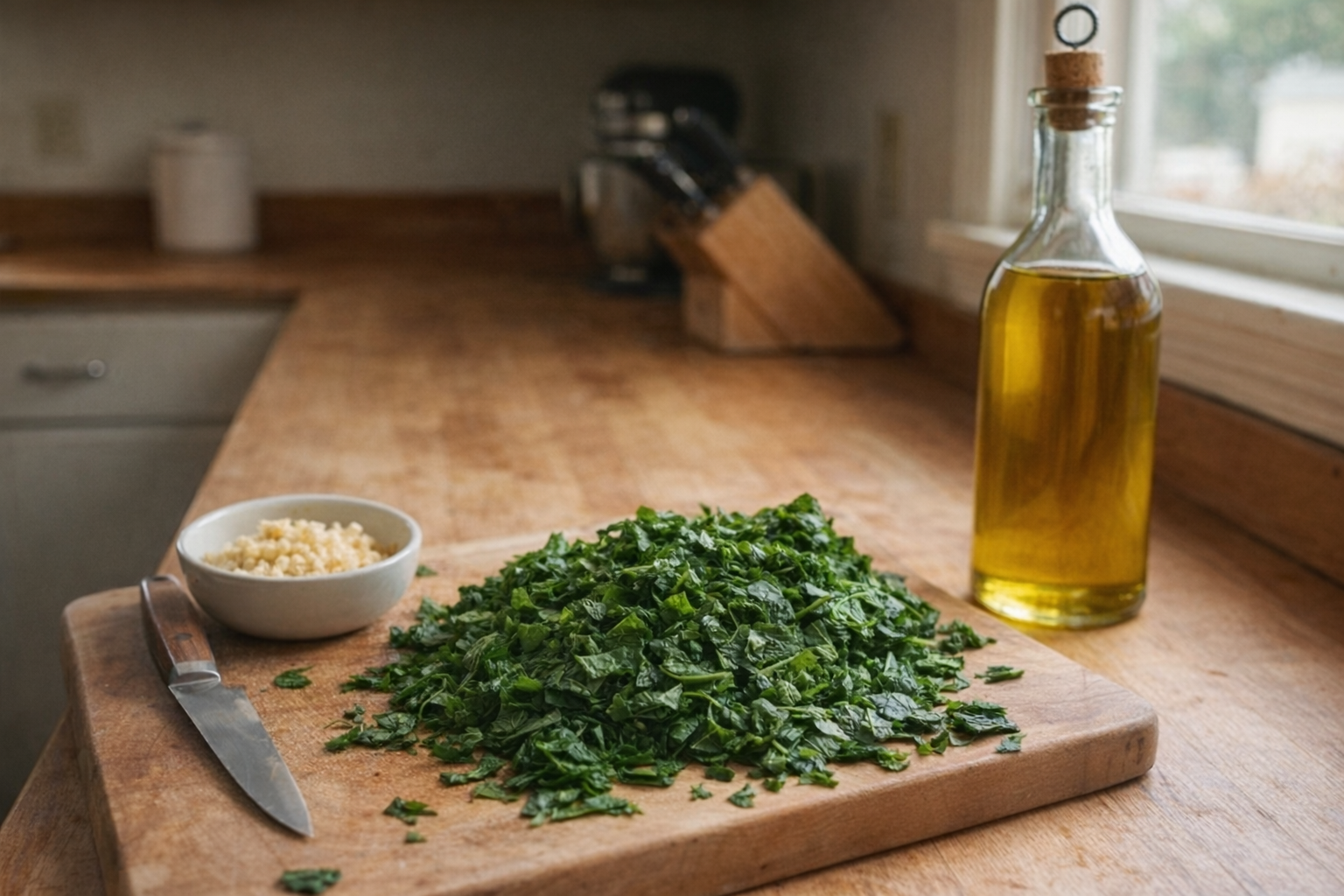 Washed and chopped spinach on a wooden cutting board, minced garlic in a small bowl, and a bottle of olive oil, all illuminated by natural light